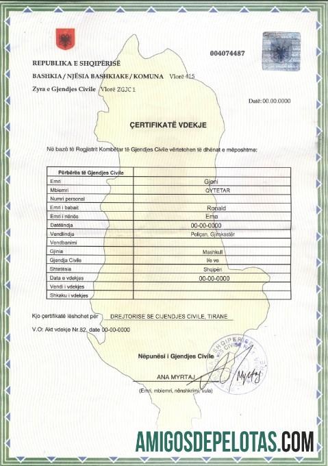 Imprimível modelo de certidão de óbito da Albânia em formato PSD